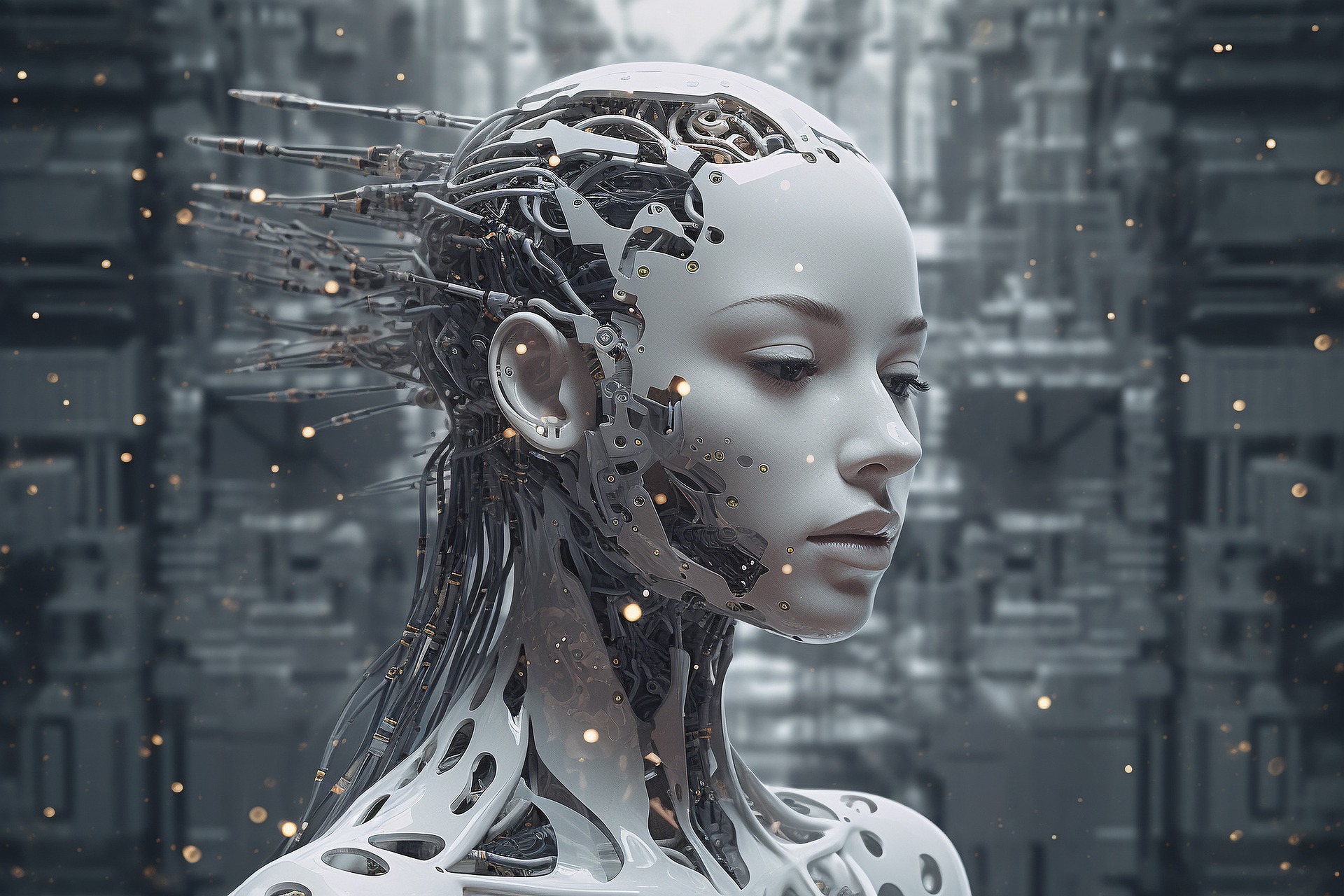 Futuristic cyborg with intricate mechanical details in a sci-fi cityscape, symbolizing advanced AI and technology innovation.