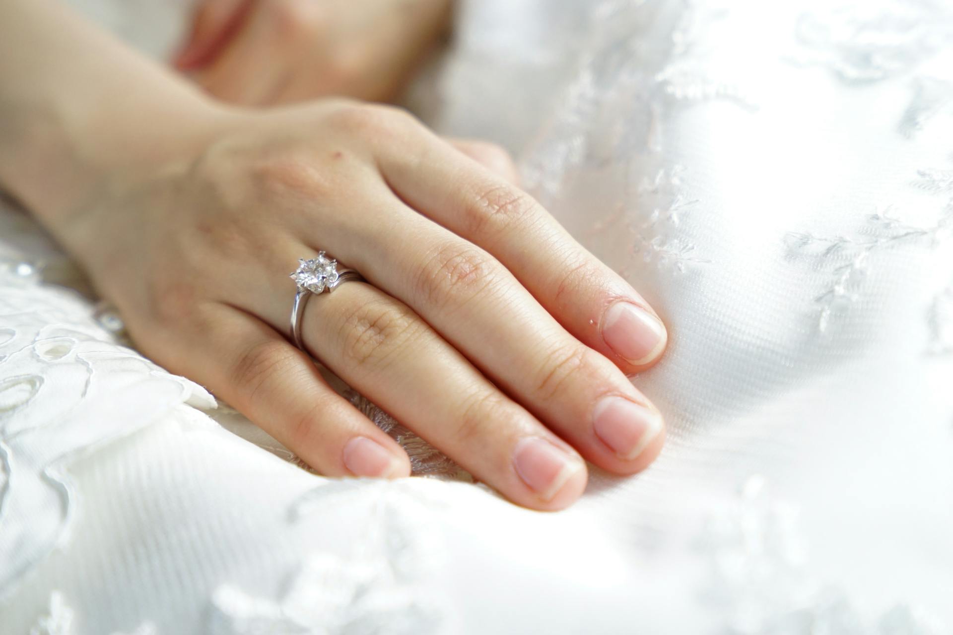 A close-up of a hand with an elegant diamond engagement ring on a delicate, white lace fabric background.