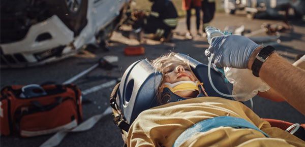 Emergency responders assist injured person with oxygen after car accident.