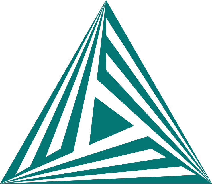 Geometric teal triangle art with converging lines, creating a 3D pyramid illusion.