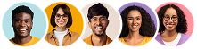 Smiling diverse group of five people against colorful backgrounds, showcasing diversity and happiness in team collaboration.