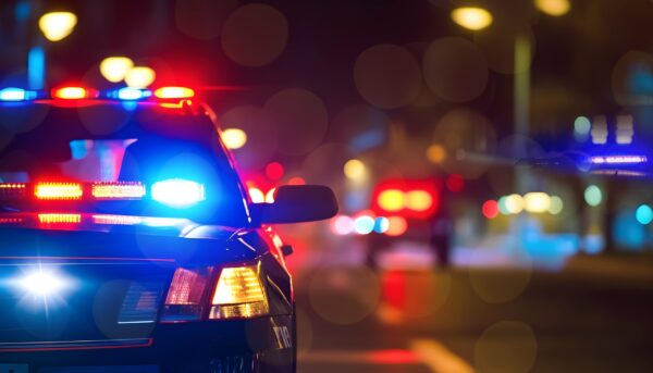 Police cars at night. Police car chasing a car at night. 911 Emergency response police car speeding to scene of crime. Selective focus on cars car fleeing the scene of a hit-and-run accident