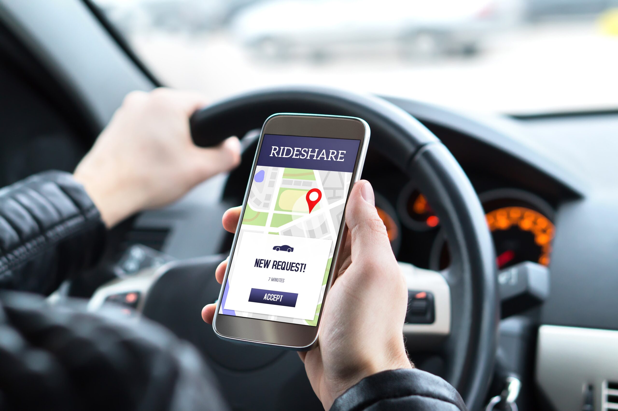 Uber driver with app active before picking up a passenger