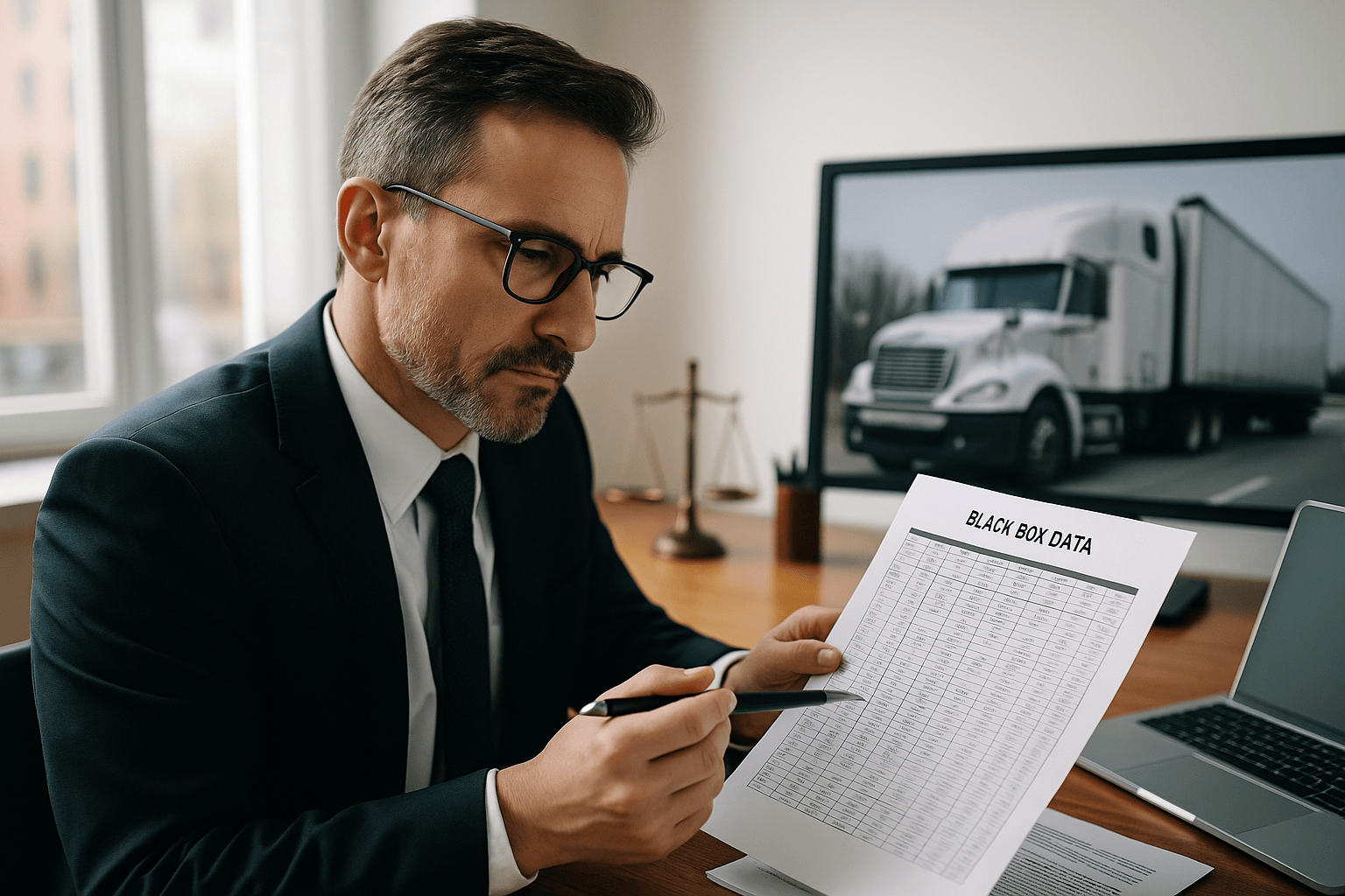 Lawyer examining truck black box data for accident investigation
