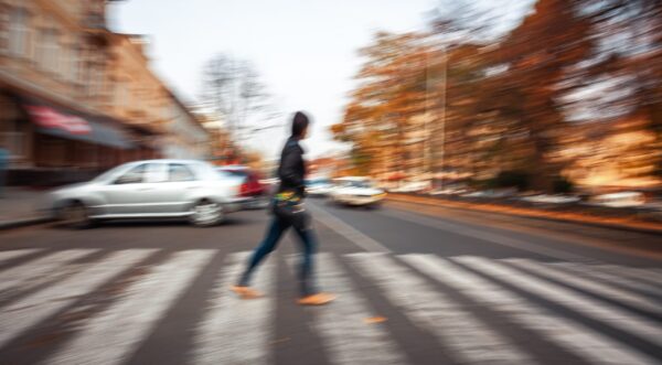 Pedestrian walking across a city crosswalk with traffic in background pedestrian crosswalk accident liability