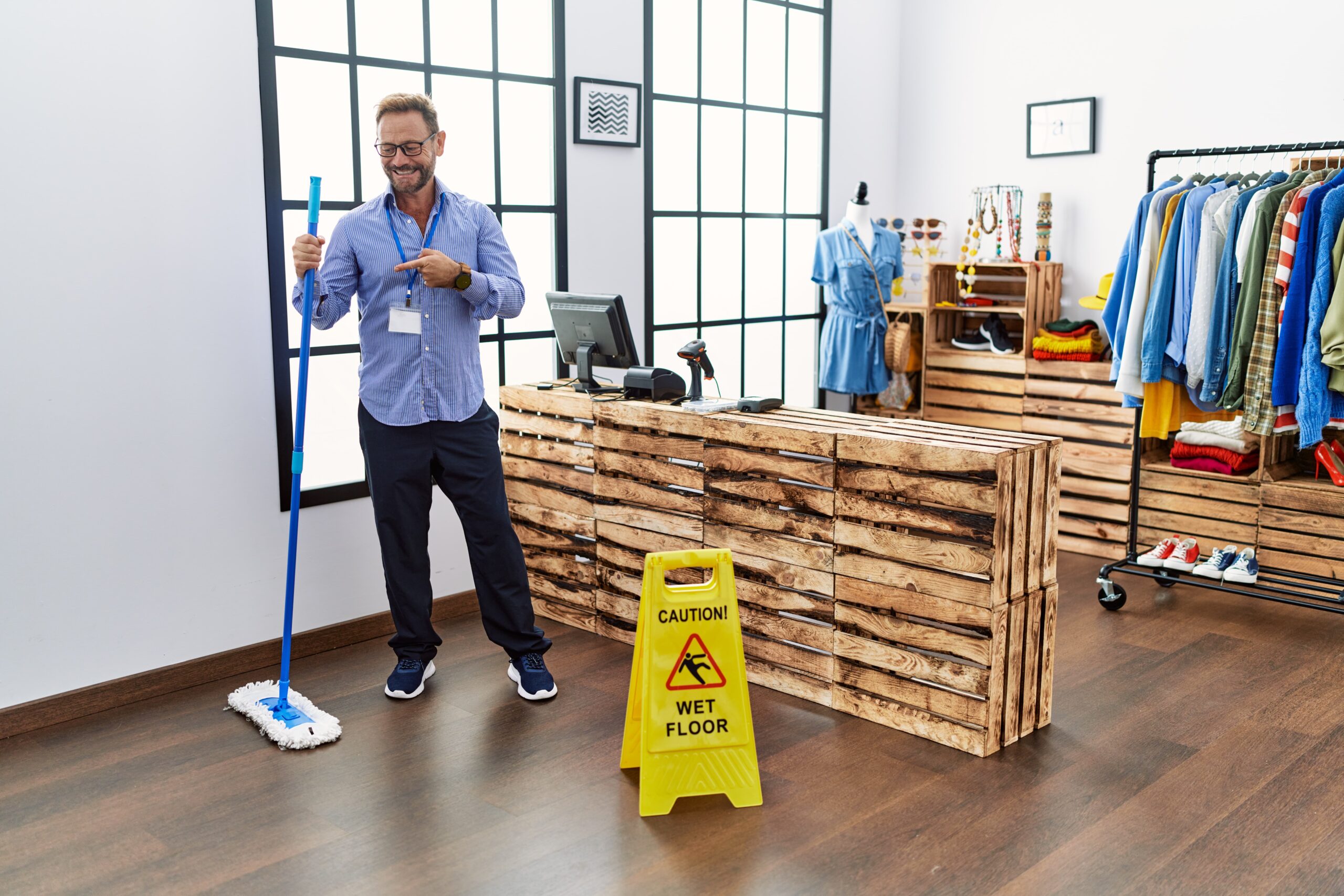 Busy retail store with a wet floor sign and shoppers walking