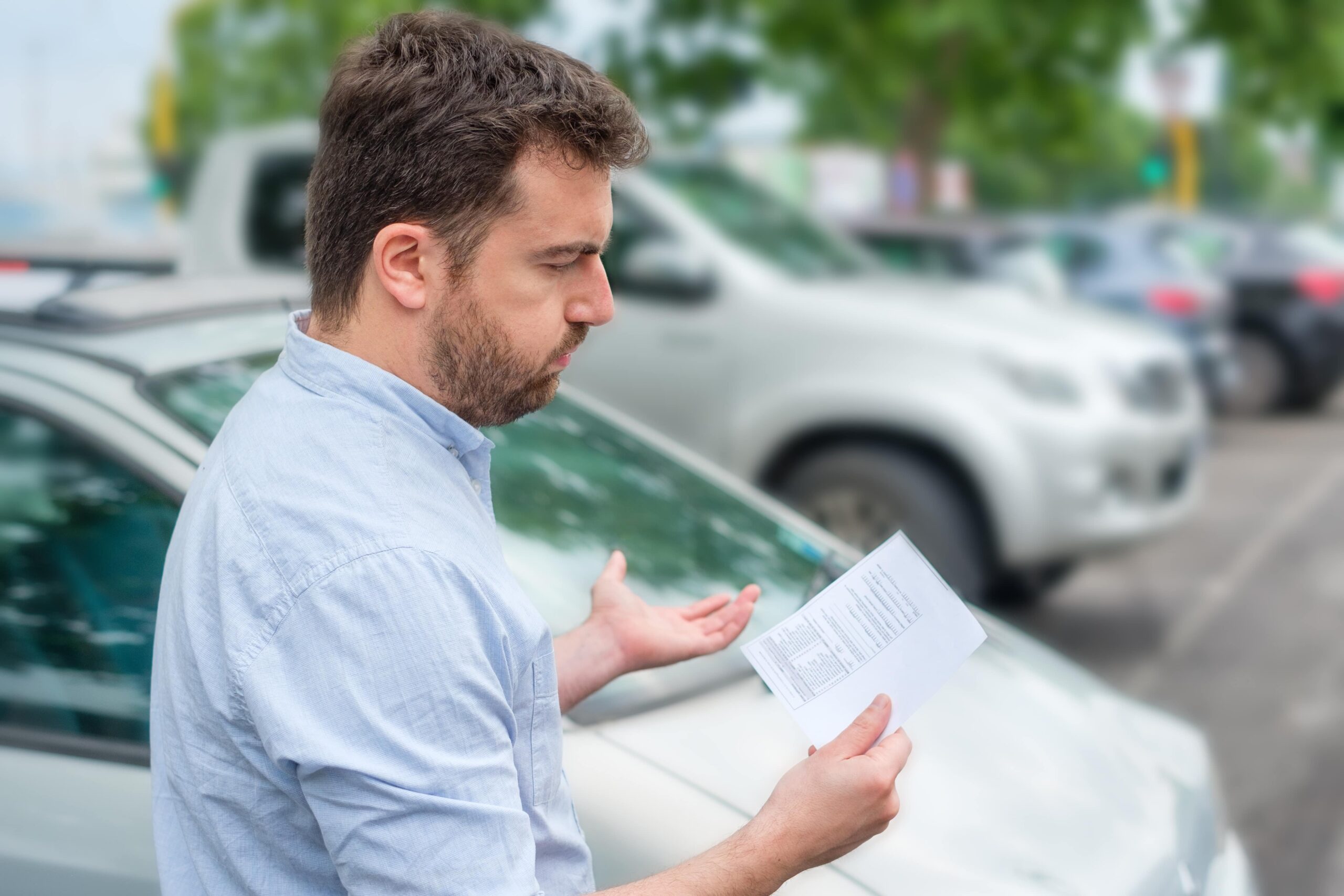 Person reviewing a lemon law claim denied letter at a California car dealership