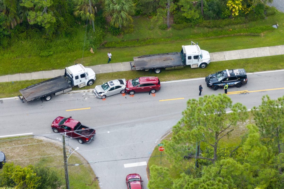 multiple cars involved in highway traffic accident with visible damage