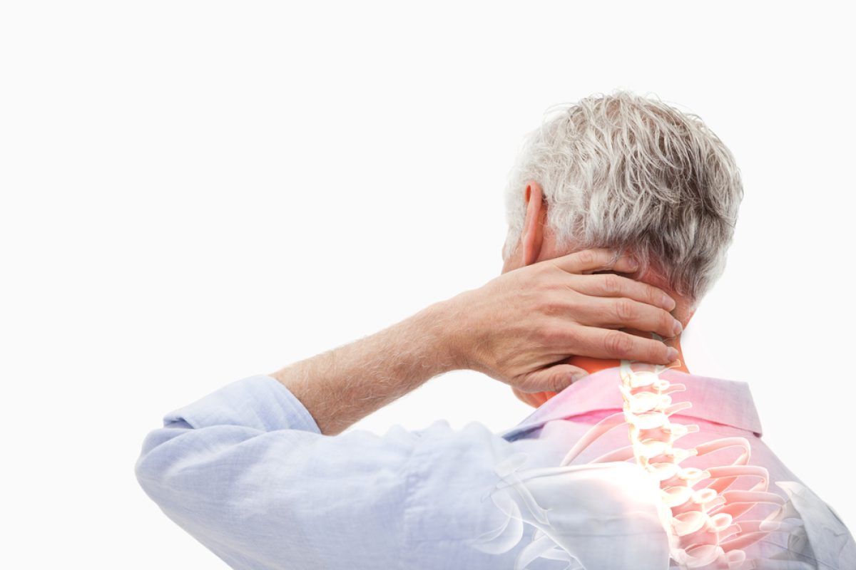 Man experiencing neck pain with highlighted spine, indicating discomfort or injury.