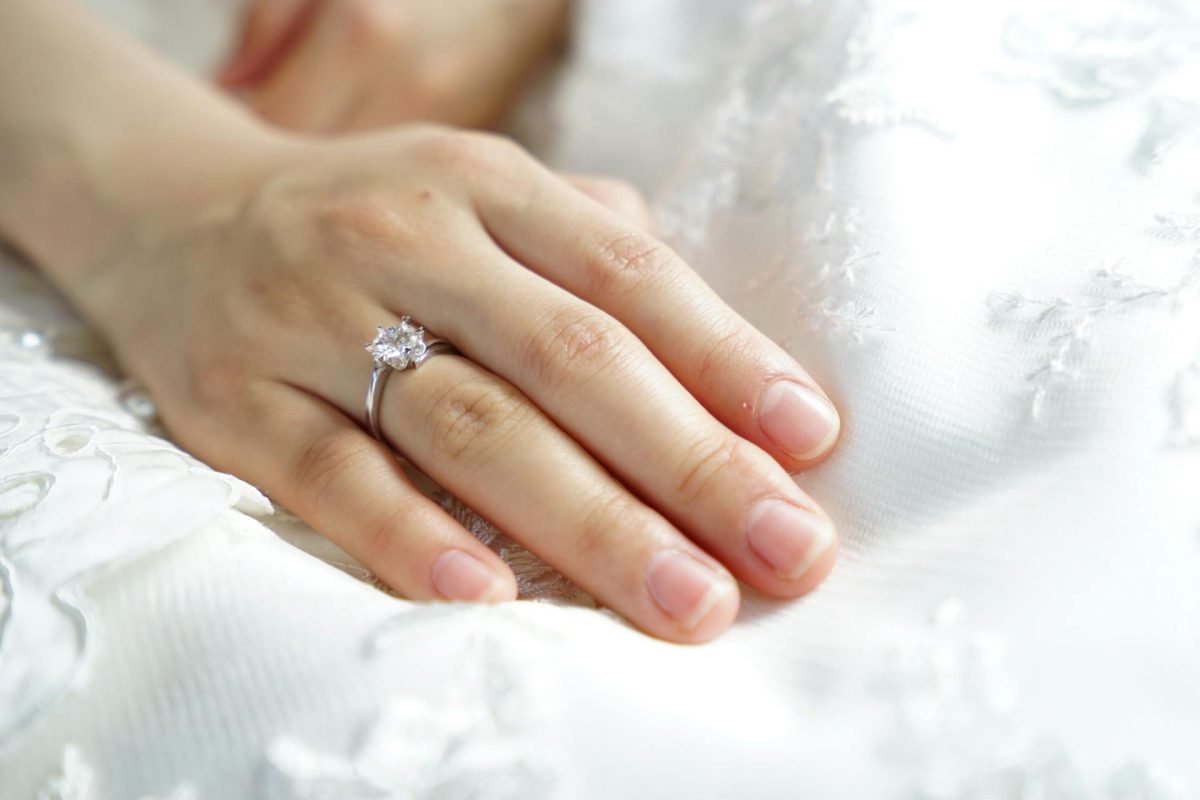 A close-up of a hand with an elegant diamond engagement ring on a delicate, white lace fabric background.