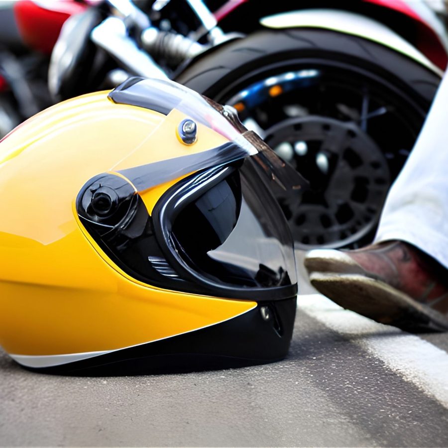 Yellow motorcycle helmet next to a biker's boot on a road.