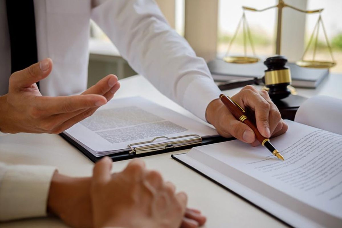 Lawyer discussing contract with client, with legal documents and scales of justice in the background.